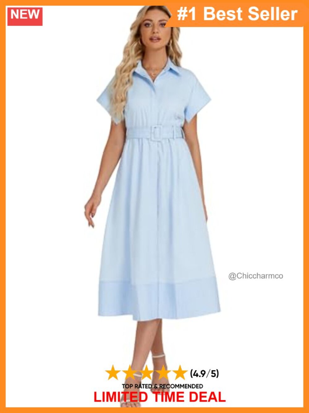 Women Button Down Shirt Dress Wing Sleeve Midi Belt Business Casual